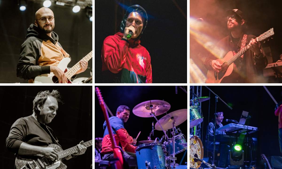 Fabio Falcone e tutti i membri de La Banda del Tempo Perso ritratti in singoli riquadri fotografici, collage promozionale del tour 2025