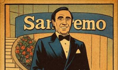 Illustrazione in stile fumetto vintage di Pippo Baudo a Sanremo sulla celebre scalinata con i fiori del Festival