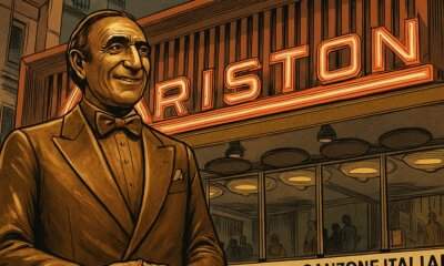 Illustrazione realistica in stile fumetto che raffigura Pippo Baudo come statua in bronzo davanti al Teatro Ariston di Sanremo