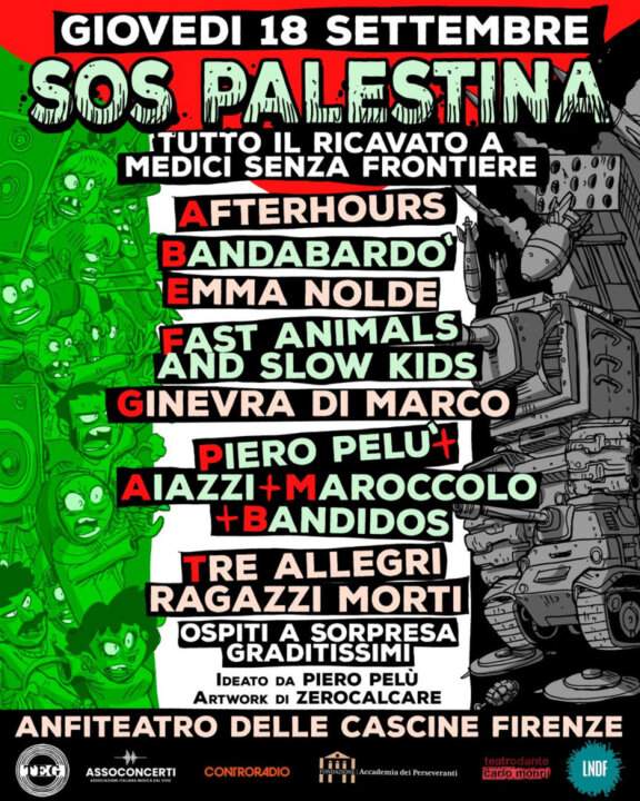 Locandina ufficiale SOS Palestina 2025 disegnata da Zerocalcare per il concerto benefico di Piero Pelù all’Anfiteatro delle Cascine di Firenze