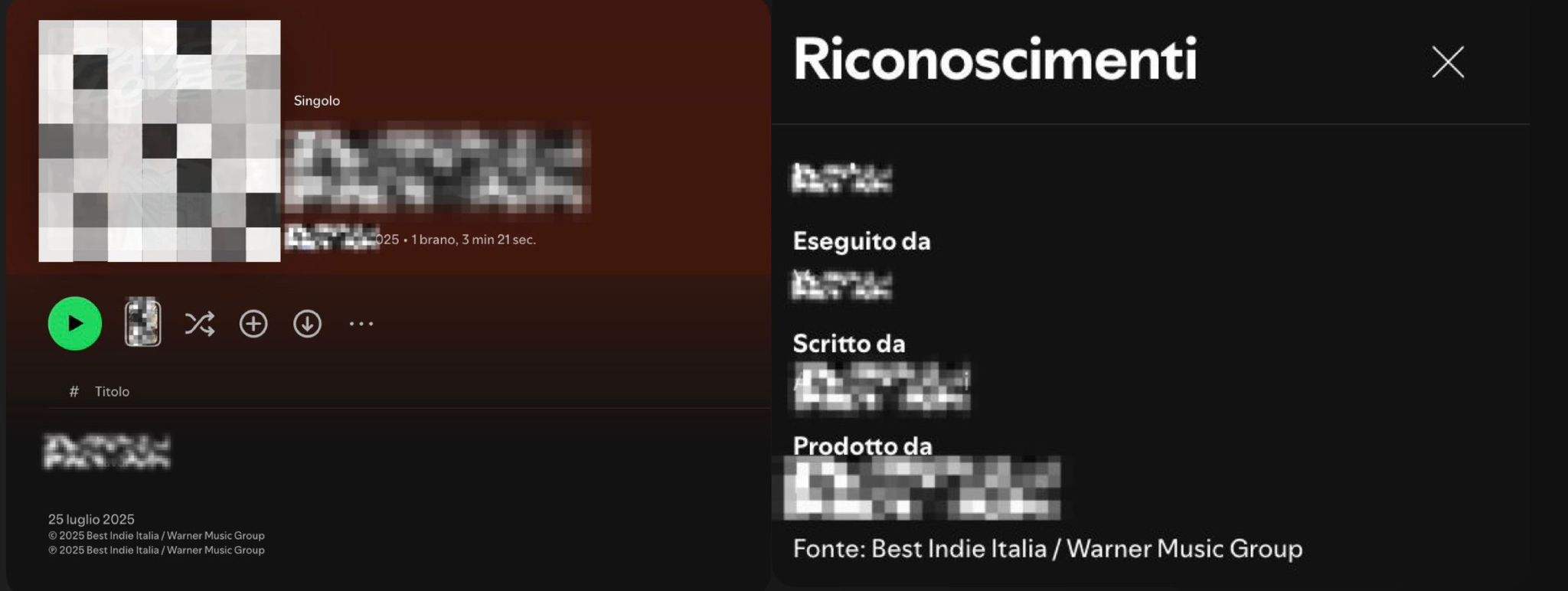 Metadati digitali di brani distribuiti da Best Indie Italia con label indicata come Best Indie Italia / Warner Music