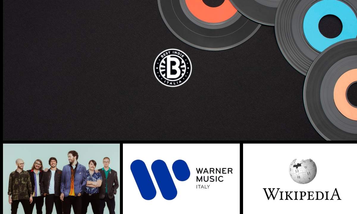 Logo di Best Indie Italia accanto ai loghi di Warner Music e Wikipedia con una foto dei Pinguini Tattici Nucleari – immagine di copertina per l’inchiesta di All Music Italia