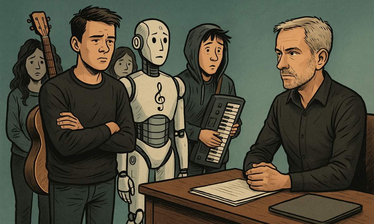 L’Avvocato Fabio Falcone osserva una fila di musicisti e un’intelligenza artificiale in attesa, immagine simbolica del rapporto tra AI e creatività