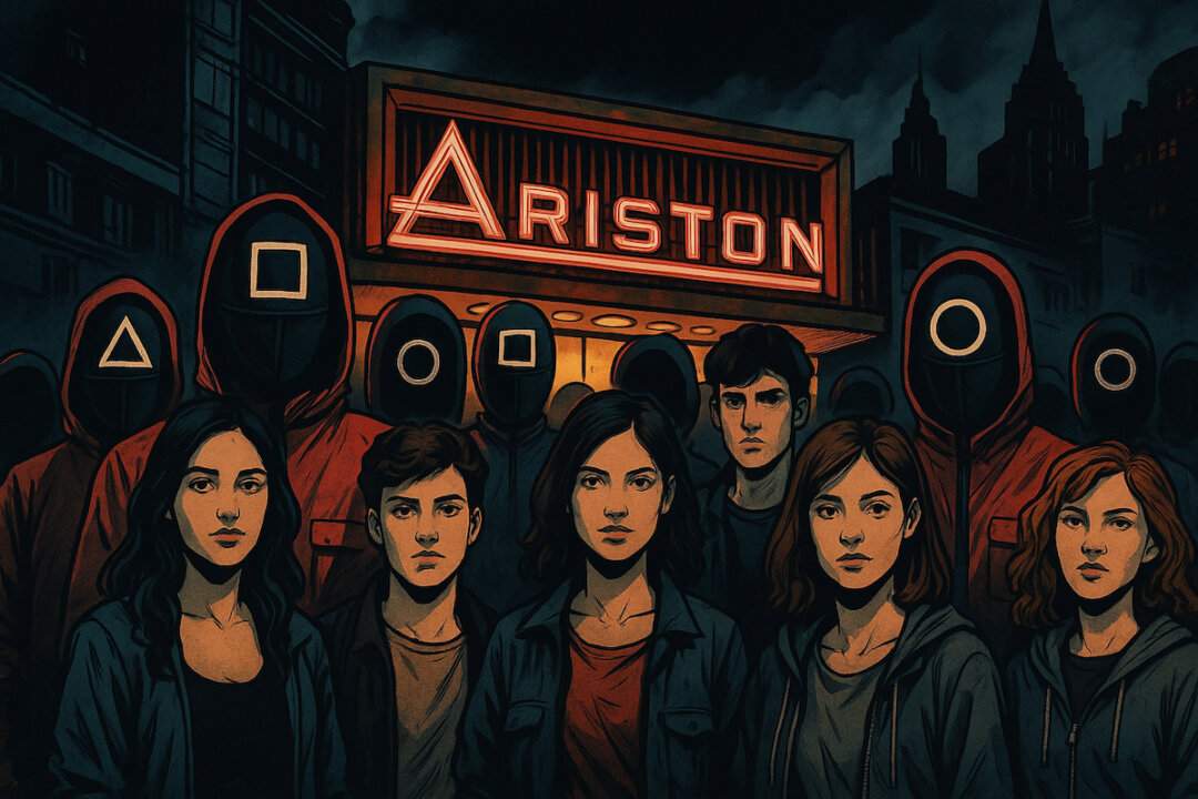 Sanremo Giovani 2025 rappresentato come uno Squid Game davanti al Teatro Ariston