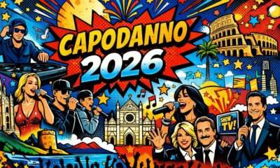 Illustrazione pop art di Capodanno 2026 con concerti in piazza in Italia, fuochi d’artificio e musica live