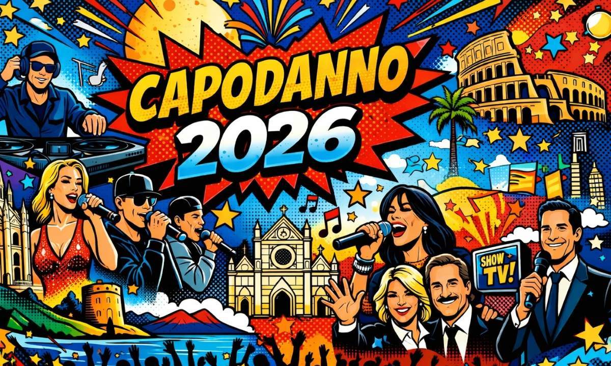 Illustrazione pop art di Capodanno 2026 con concerti in piazza in Italia, fuochi d’artificio e musica live