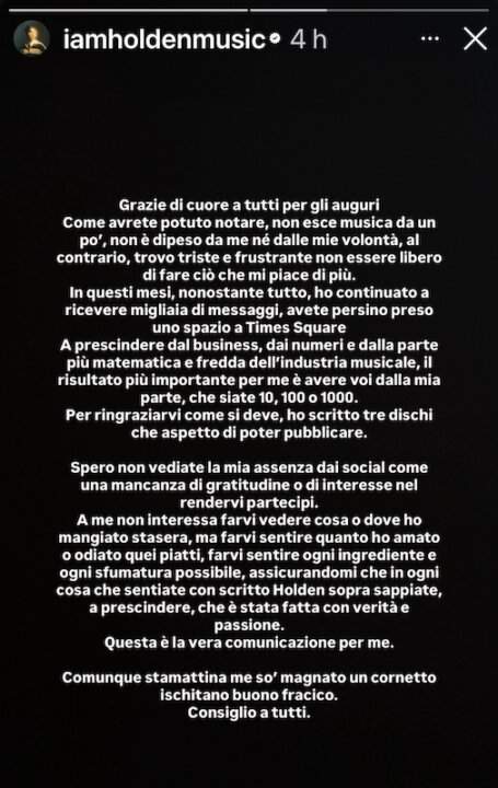 Screenshot of Holden's Instagram story in which he talks about his musical stop