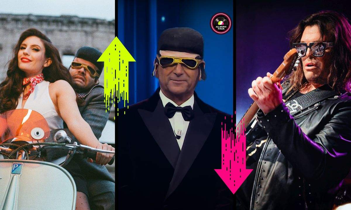 Carlo Conti e Laura Pausini sul palco dell’Ariston durante la quarta serata Cover di Sanremo 2026