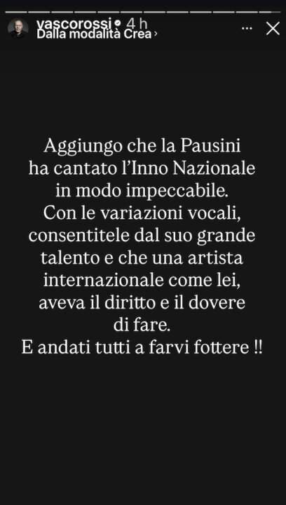 Instagram story of Vasco Rossi in defense of Laura Pausini after Mameli's anthem in Milan Cortina