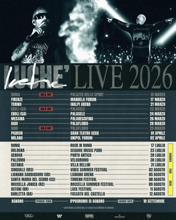 Locandina ufficiale del Luche Summer Tour 2026 con tutte le date