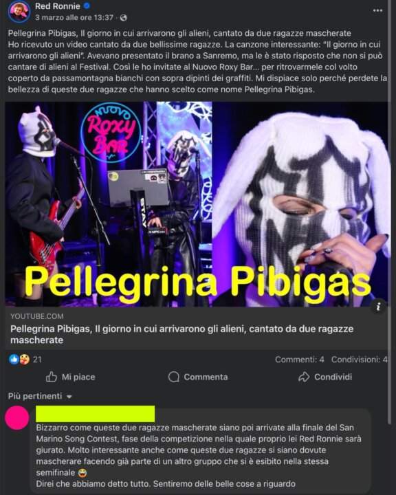 Post di Red Ronnie sulle Pellegrina Pibigas con un commento che segnala un possibile legame con la band Erisu al San Marino Song Contest