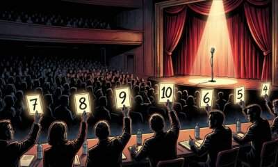 voto sala stampa sanremo e giuria stampa festival sanremo rappresentati in una illustrazione a fumetto durante una esibizione sul palco