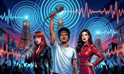Annalisa, Bruno Mars e Ditonellapiaga protagonisti della classifica EarOne nel primo trimestre 2026 - illustrazione stile fumetto