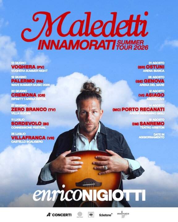 Locandina del Maledetti Innamorati Summer Tour 2026 di Enrico Nigiotti con tutte le date