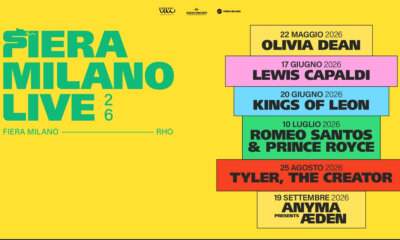 Locandina ufficiale di Fiera Milano Live 2026 con le date dei concerti di Olivia Dean, Lewis Capaldi, Kings of Leon, Romeo Santos & Prince Royce, Tyler, The Creator e Anyma a Rho