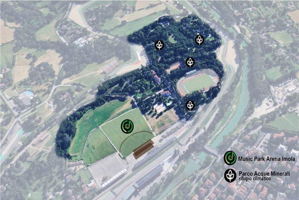Mappa aerea del progetto Imola Music Park Arena con l'indicazione dell'area concerti e del rifugio climatico nel Parco Acque Minerali