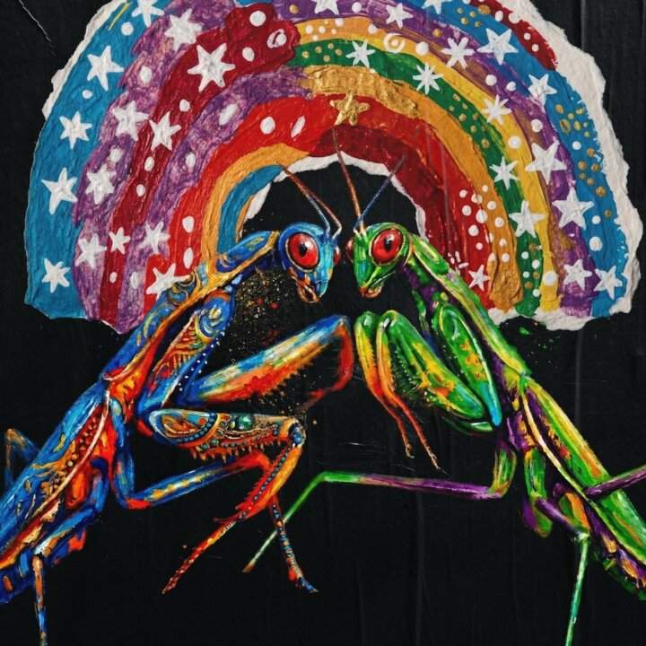 Copertina del singolo Per un po' d'amore di Mannarino con due mantidi religiose colorate sotto un arcobaleno.