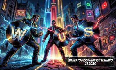 Warner, Universal e Sony si sfidano per il mercato discografico italiano nel Q1 2026 - illustrazione stile fumetto