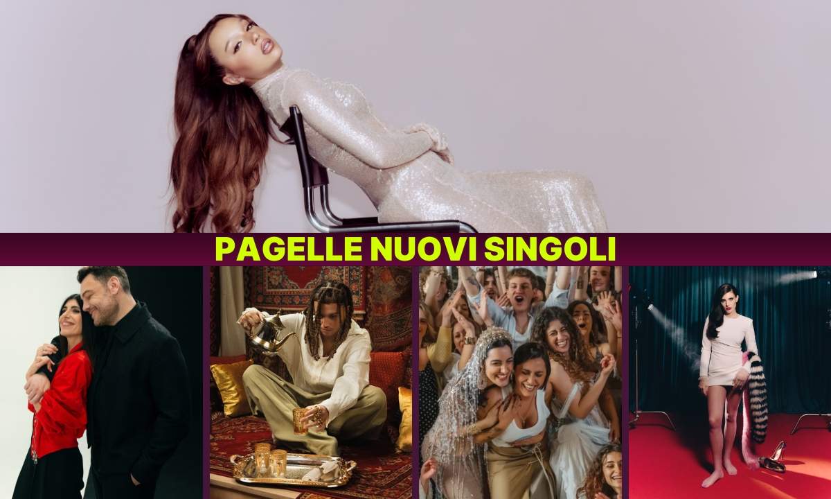 Collage con le copertine dei singoli in uscita il 3 aprile 2026 per la New Music Friday: Sarah Toscano, Tiziano Ferro e Giorgia, Serena Brancale con Delia e Levante, Ditonellapiaga