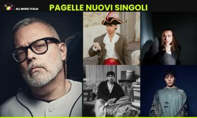 Grafica di All Music Italia per le pagelle ai nuovi singoli del 24 aprile 2026 con Frankie hi-nrg mc, Primogenito, Aaron, eroCaddeo e Senza Cri