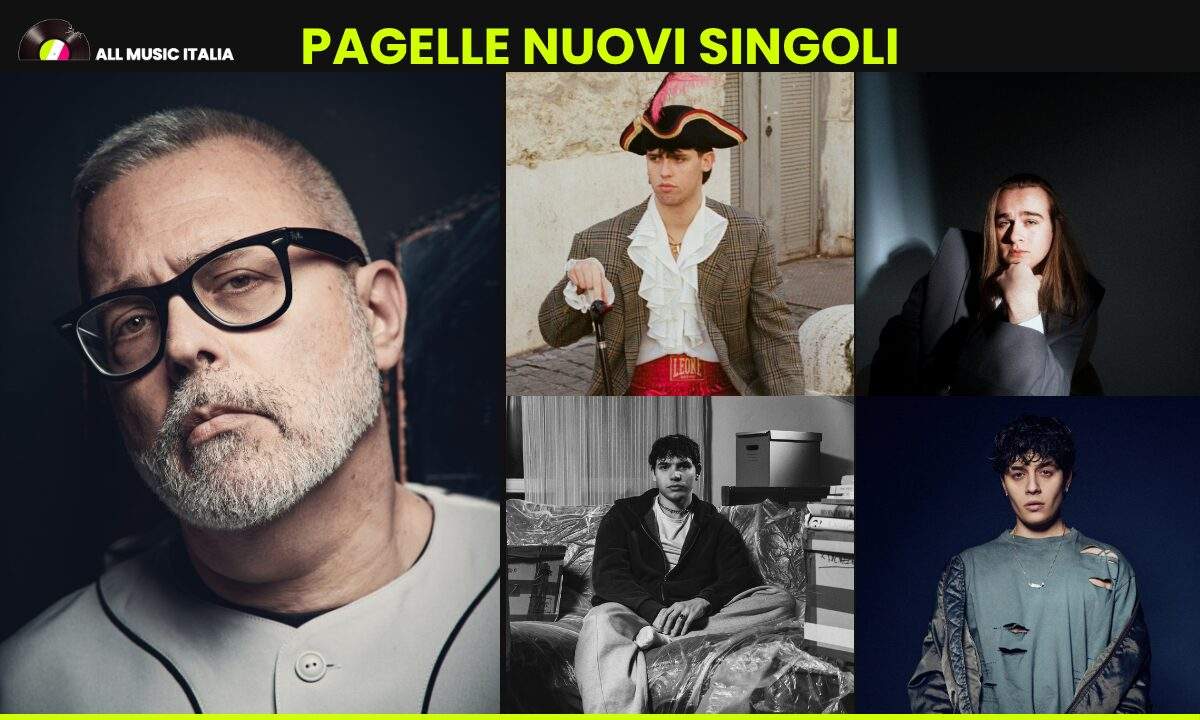 Grafica di All Music Italia per le pagelle ai nuovi singoli del 24 aprile 2026 con Frankie hi-nrg mc, Primogenito, Aaron, eroCaddeo e Senza Cri