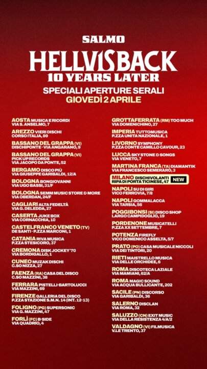 Locandina rossa ufficiale con l'elenco dei 37 negozi di dischi in Italia aperti la sera del 2 aprile per l'uscita del nuovo album di Salmo.