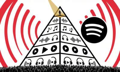 Illustrazione editoriale in stile fumetto: piramide dello streaming musicale con logo Spotify, folla alla base e singola figura in cima illuminata in oro