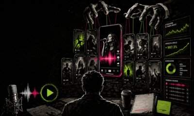 Illustrazione con schermi, grafici e mani che controllano la viralità musicale su TikTok