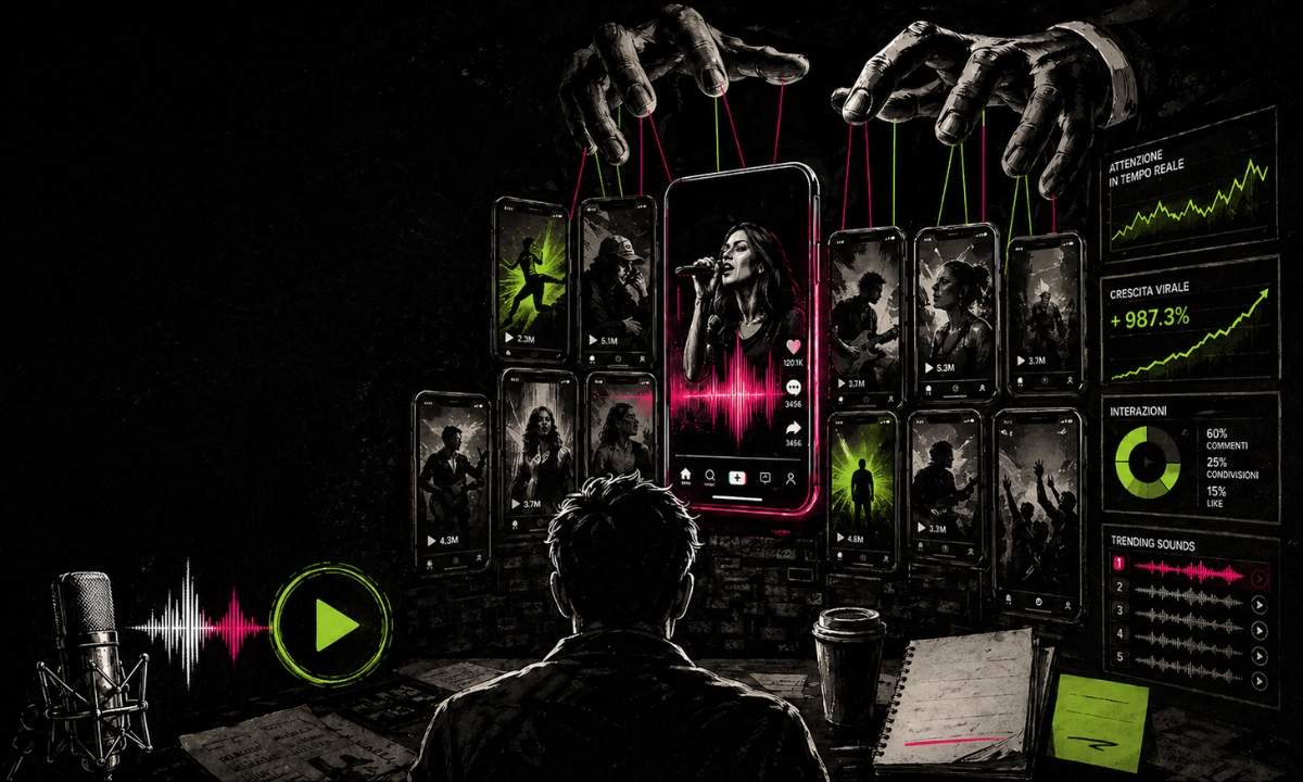 Illustrazione con schermi, grafici e mani che controllano la viralità musicale su TikTok