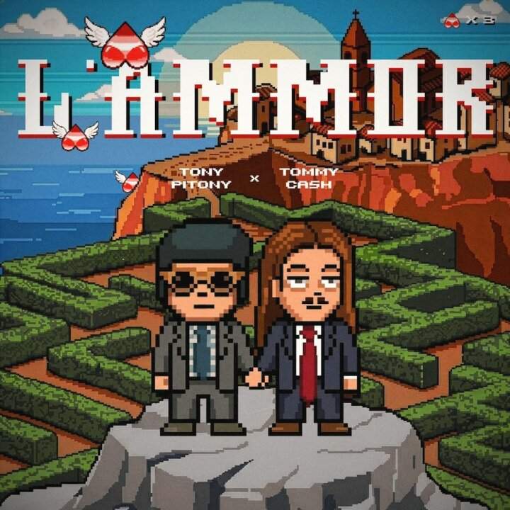 Cover del singolo L'ammor di Tony Pitony feat. Tommy Cash, illustrazione in stile 8-bit con i due artisti in pixel art su sfondo di paesaggio mediterraneo