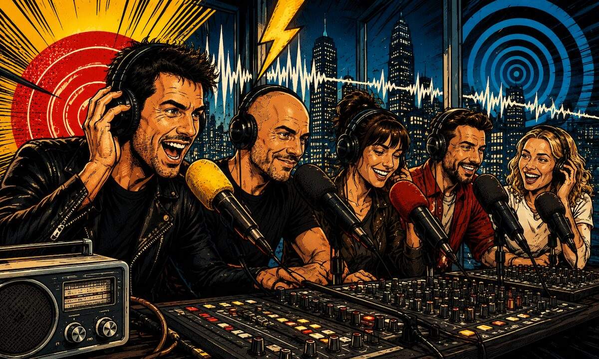 Illustrazione pop art sulle classifiche Audiradio 2026 delle radio italiane