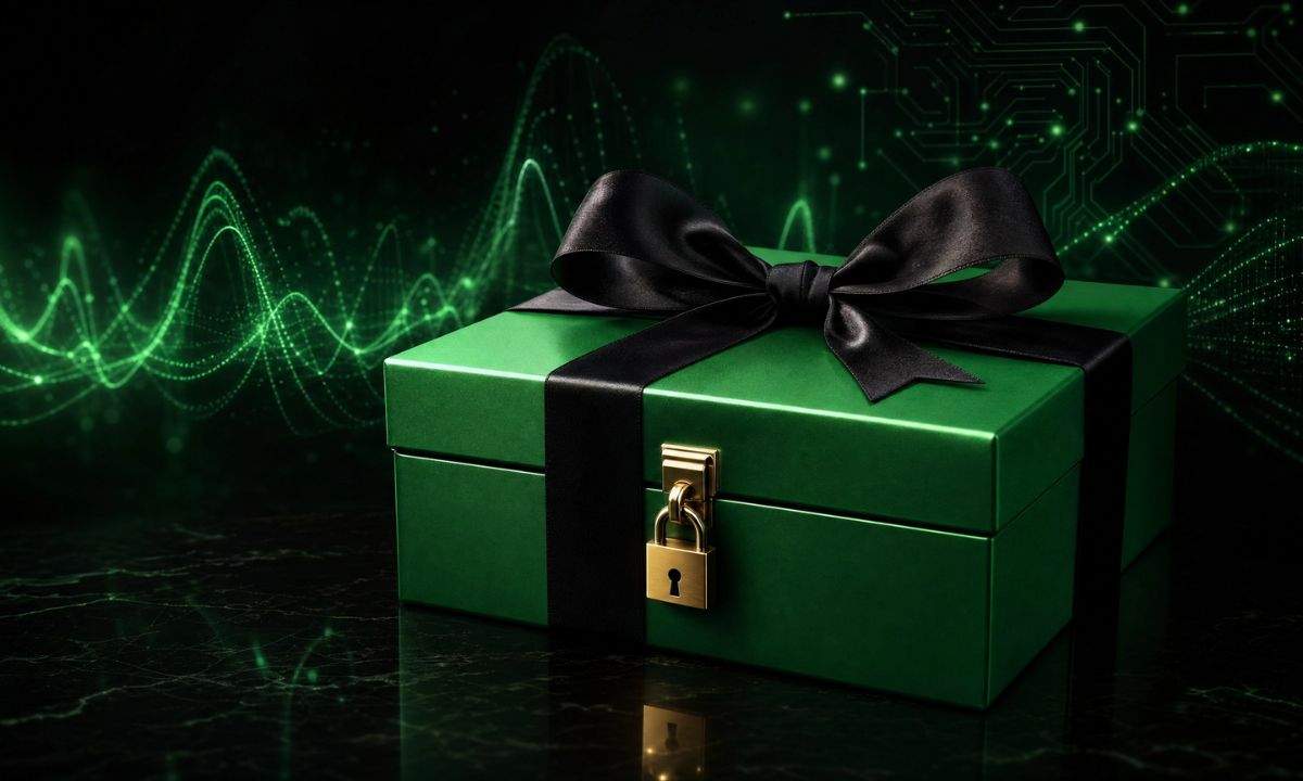 Scatola verde chiusa con lucchetto, metafora dell'accordo Spotify e Universal sui remix AI di cui non si conoscono ancora i dettagli