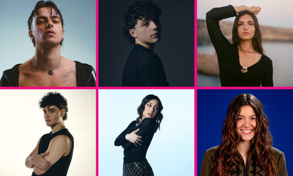 Collage degli ex allievi di Amici 25 con brani in airplay radio: Lorenzo Salvetti, Angie, Elena D'Elia, Cate Lumina, Plasma, Gard