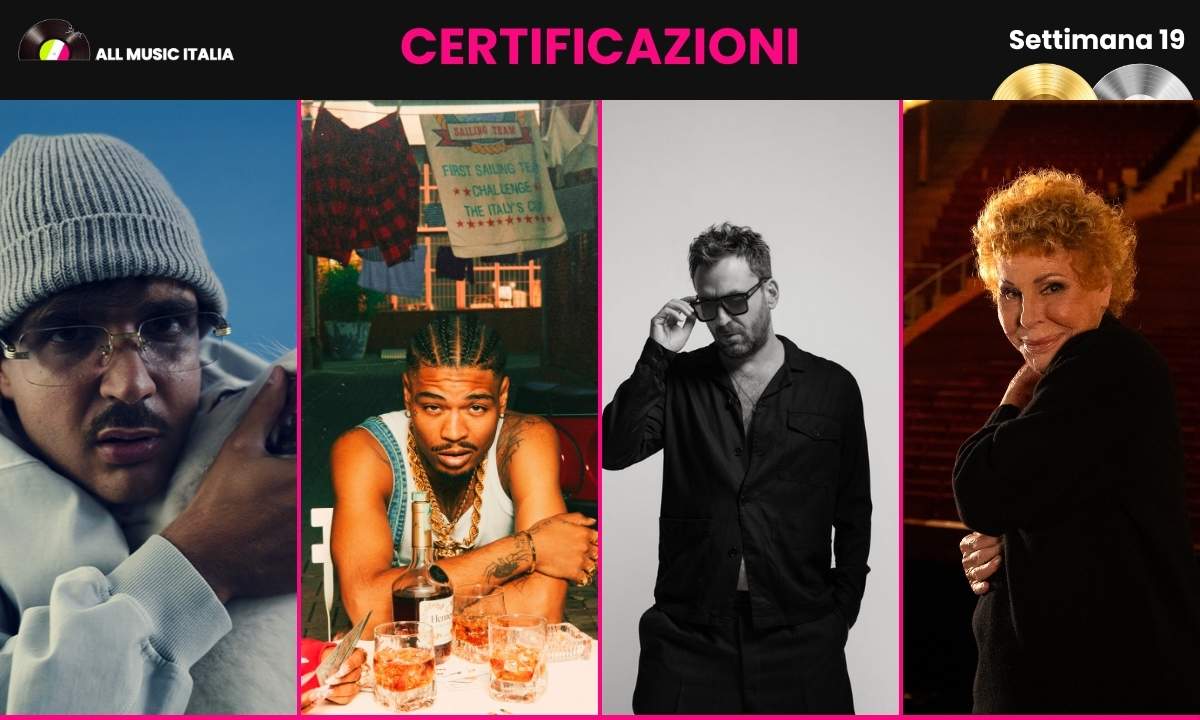 Copertina con Geolier, Artie 5ive, Cesare Cremonini e Ornella Vanoni, protagonisti delle certificazioni FIMI settimana 19 del 2026.
