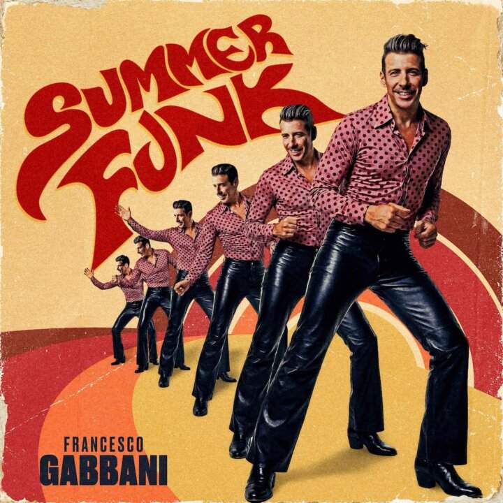 Cover del singolo Summer Funk di Francesco Gabbani: cinque versioni del cantautore in pose disco anni Settanta con camicia bordeaux a pois e pantaloni in pelle, sfondo giallo con onde arancioni vintage
