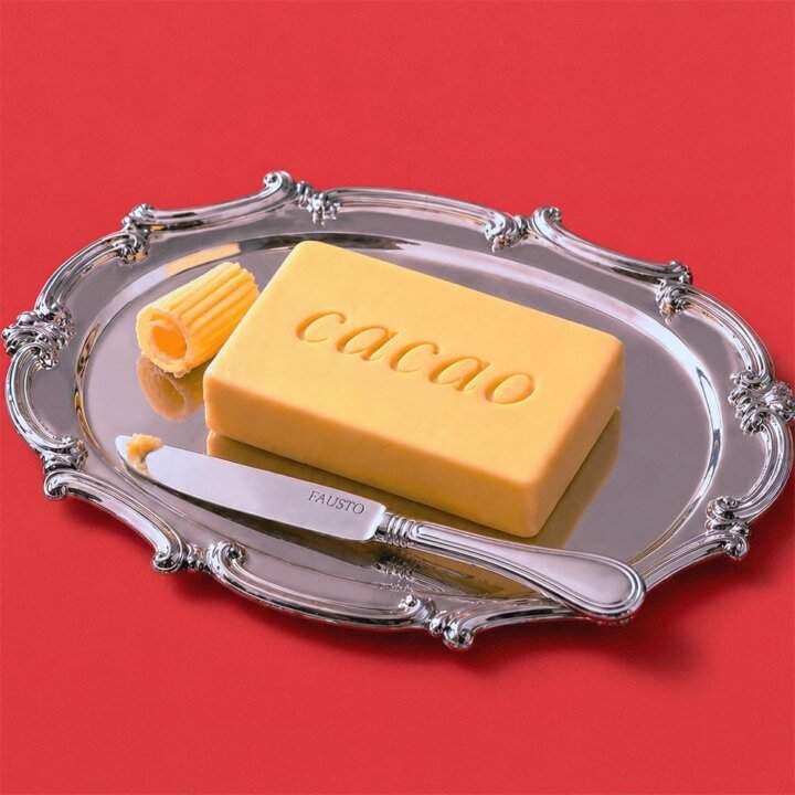 Cover del singolo Burrocacao di Fausto Lama: una saponetta cacao su vassoio d'argento, sfondo rosso. 