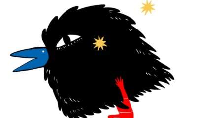 Illustrazione ufficiale di Ferrara Sotto le Stelle 2026: un grande uccello nero con becco blu, una stella gialla sul corpo, una piccola figura umana rossa accanto