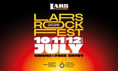 Key art ufficiale del Lars Rock Fest 2026 con date 10, 11, 12 luglio e indicazione Chiusi (SI) ingresso gratuito su sfondo nero con onda arancione