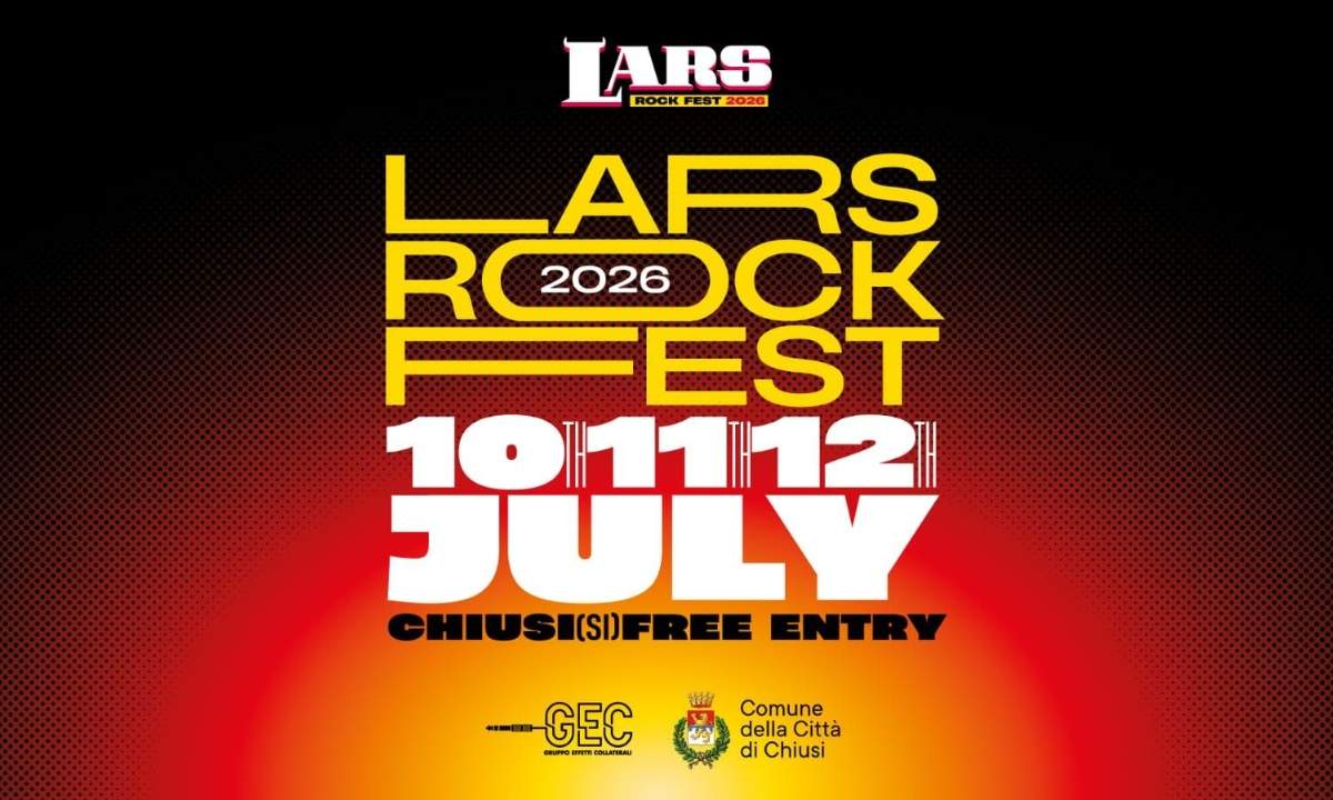 Key art ufficiale del Lars Rock Fest 2026 con date 10, 11, 12 luglio e indicazione Chiusi (SI) ingresso gratuito su sfondo nero con onda arancione