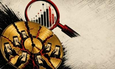 Disco d'oro FIMI frantumato con crepe rosse, illustrazione editoriale di All Music Italia sulle streaming farm e le classifiche discografiche