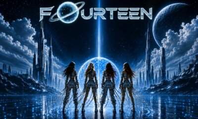 Artwork ufficiale di FOURTEEN: quattro figure di spalle davanti a skyline sci-fi, girl band K-Pop italo-europea.