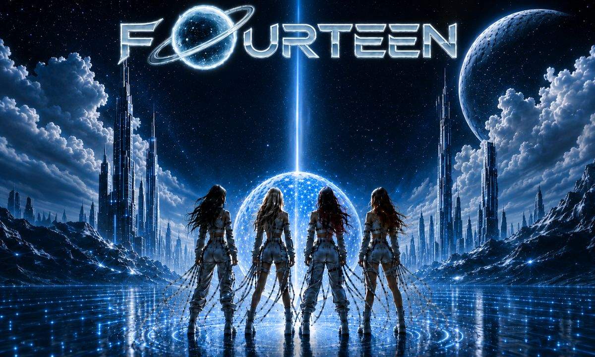 Artwork ufficiale di FOURTEEN: quattro figure di spalle davanti a skyline sci-fi, girl band K-Pop italo-europea.