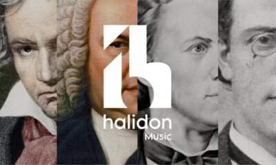Logo HalidonMusic con compositori della musica classica sullo sfondo