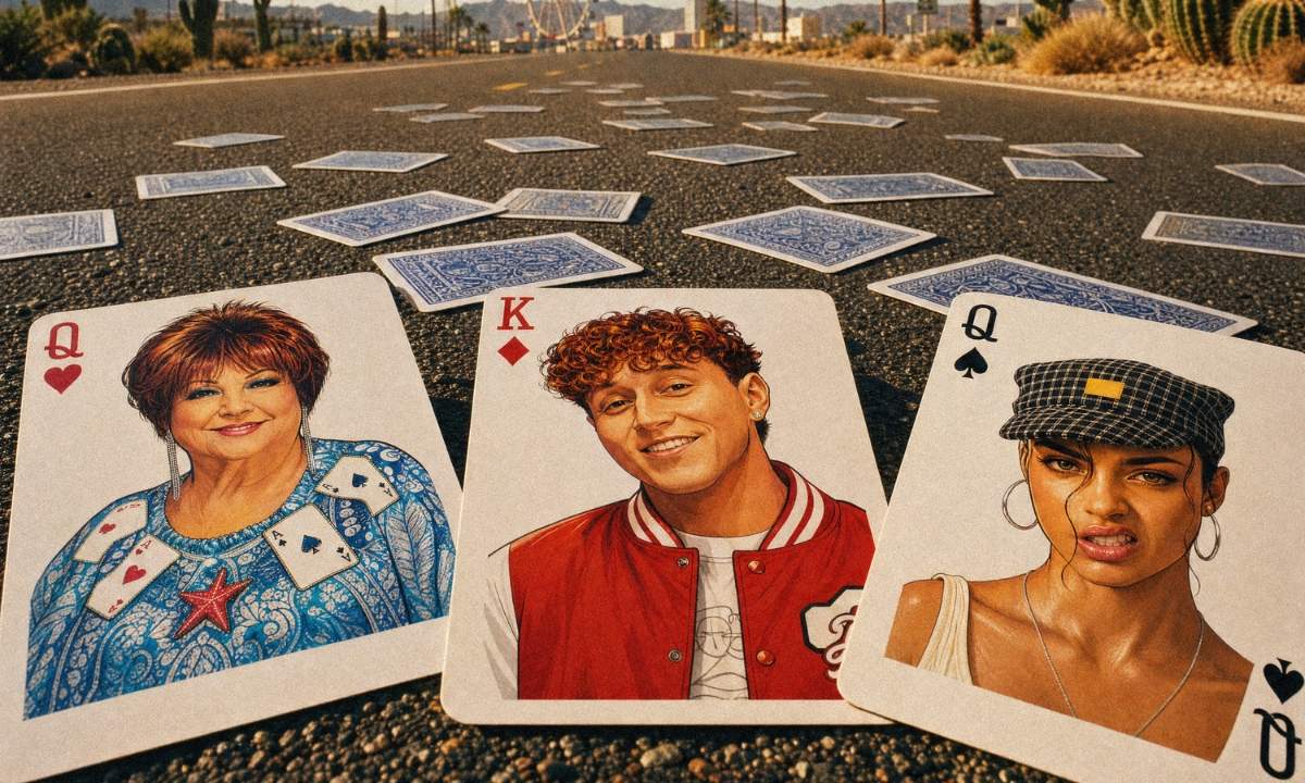 Copertina di QCPF di Orietta Berti, Il Rosso e IAEM con tre carte da gioco illustrate sull'asfalto di una strada del deserto