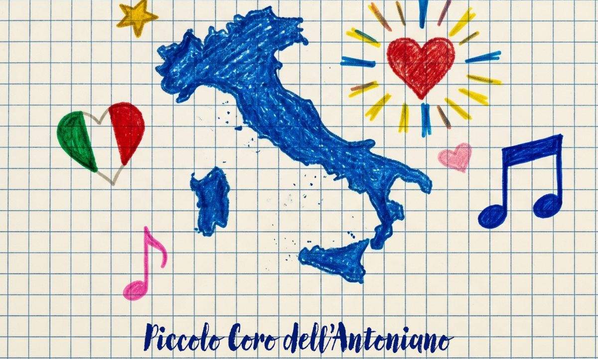 Cover del singolo La Repubblica è un grande coro del Piccolo Coro dell'Antoniano, con l'Italia disegnata a pennarello blu su carta a quadretti
