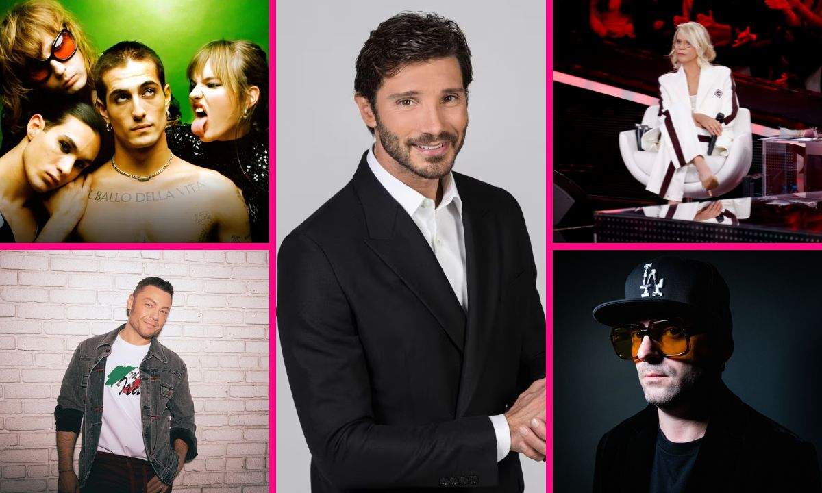 Stefano De Martino al centro con Maneskin, Maria De Filippi, Tiziano Ferro e Fabrizio Ferraguzzo, copertina dell'articolo Sanremo 2027 di All Music Italia