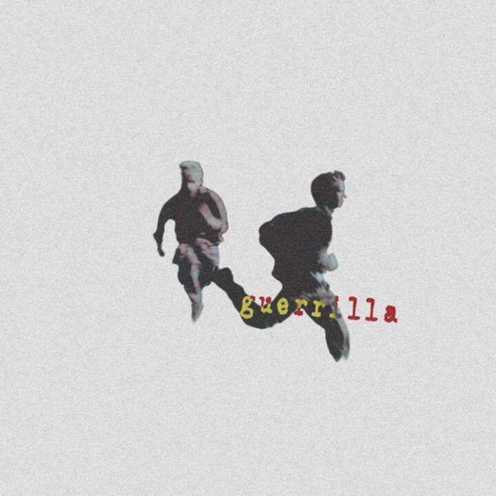 Cover of the French Saints single Guerrilla with two running figures on a rough white background