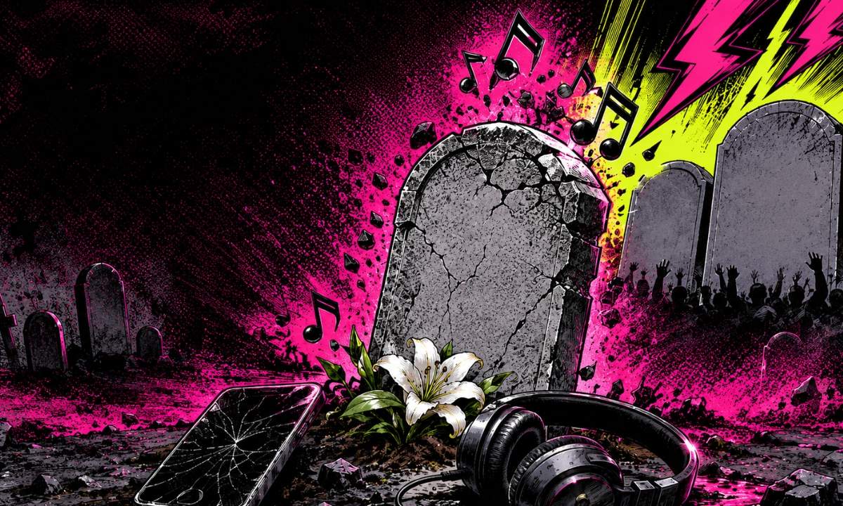 Illustrazione in stile fumetto con lapidi, cuffie e smartphone per l’accordo Spotify Universal sui remix AI