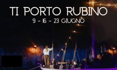 Locandina di Ti Porto Rubino 2026 con le date 9, 16 e 23 giugno e Renzo Rubino sul palco di una barca illuminata