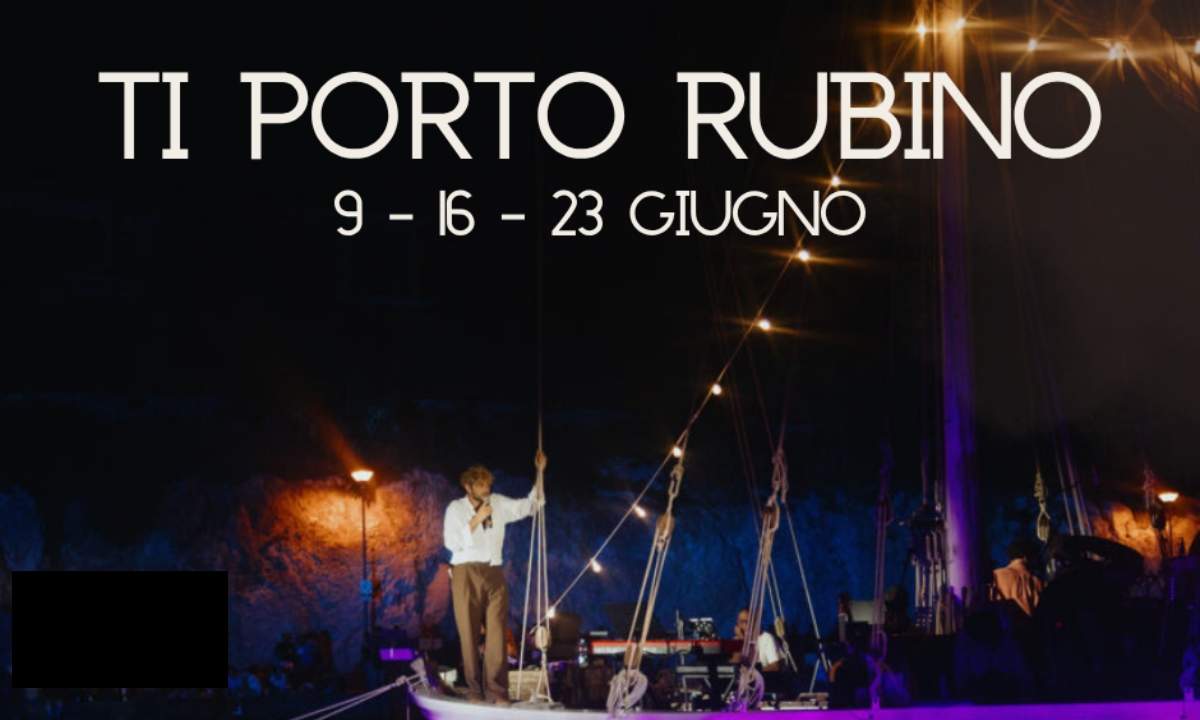 Locandina di Ti Porto Rubino 2026 con le date 9, 16 e 23 giugno e Renzo Rubino sul palco di una barca illuminata